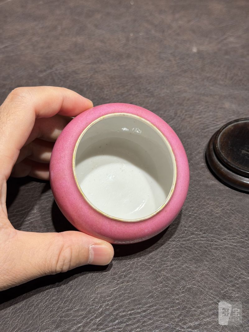 清光绪 胭脂水釉苹果水盂（配老盖、木座） - 图9